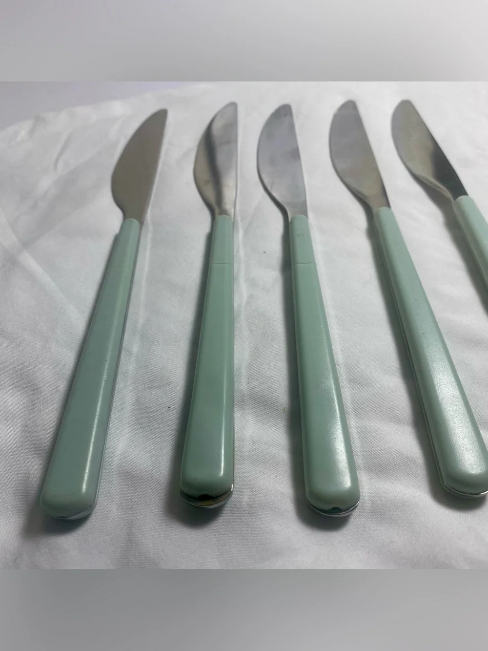 Vintage Set of 5 Green Handle Stainless Steel Table Knives